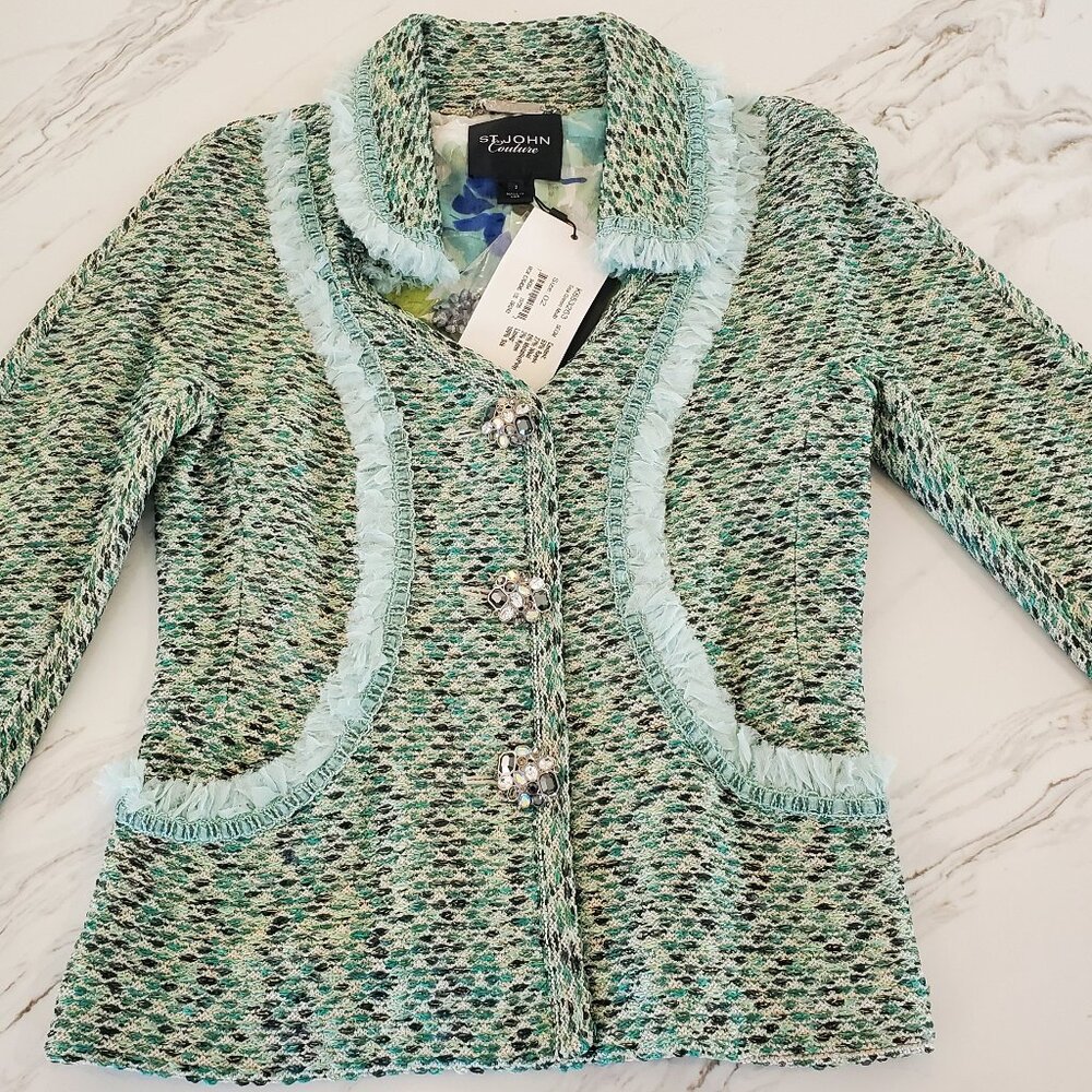 St. John Couture Teal Eyelash Tweed Knit Jacket - Great w Jeans & T– HAS TAGS